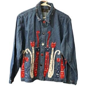Life Style Vintage Cat Appliqué Denim Shirt Jacket  Patriotic Red White Blue P/S